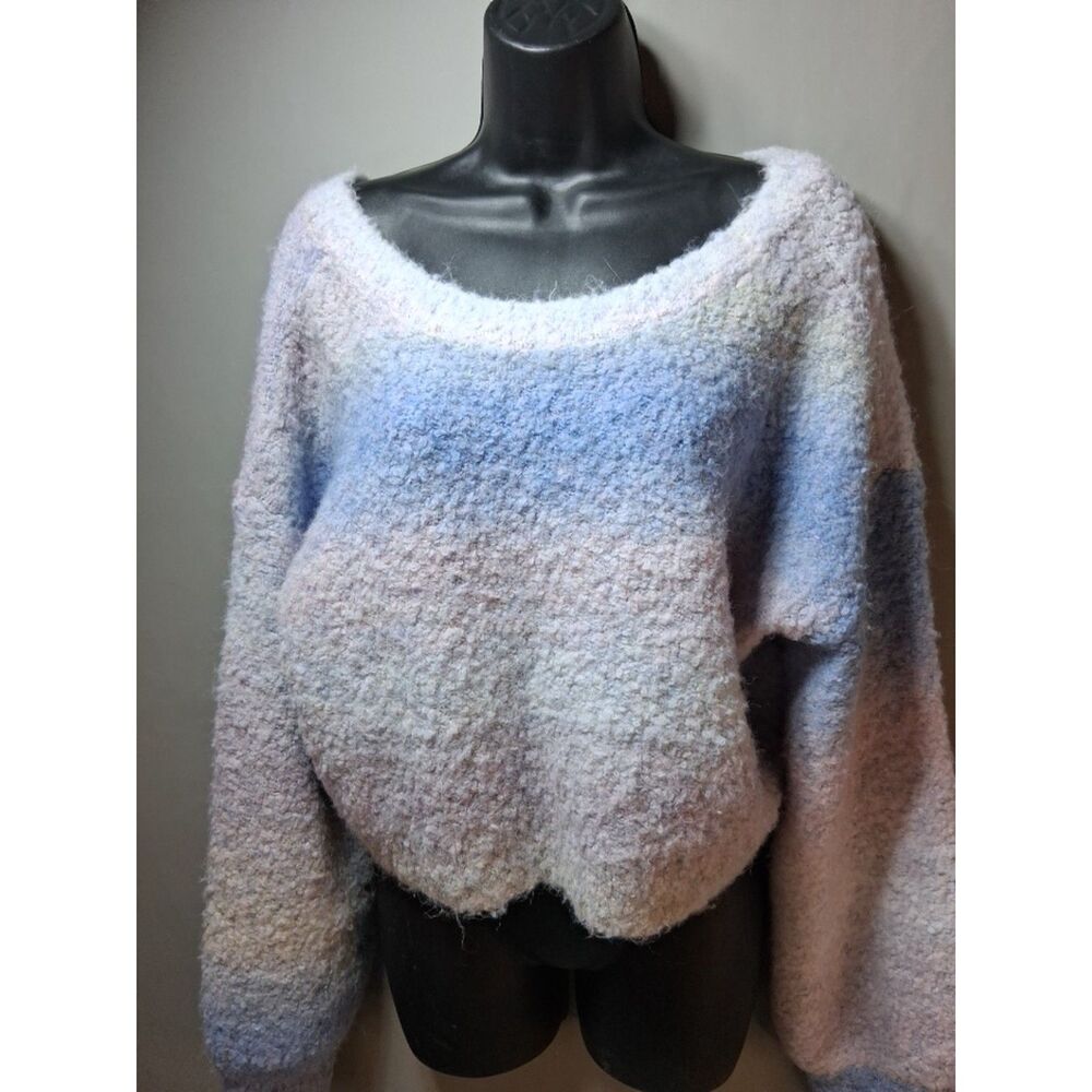 Day + Moon Reversible Ombre Cropped Sweater Pastel Fuzzy Wool Blend Knit Size M